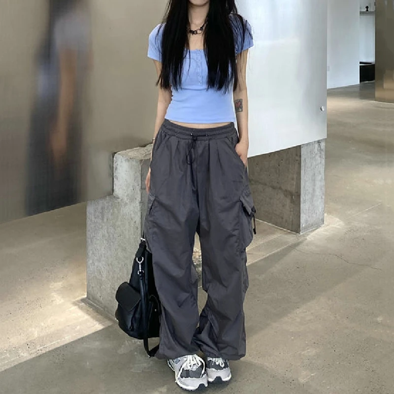 Kobiety Y2K Streetwear Cargo Pants Vintage Fashion High Waist Baggy Trousers Kobiece luźne spodnie dresowe Spodnie joggery z szerokimi nogawkami