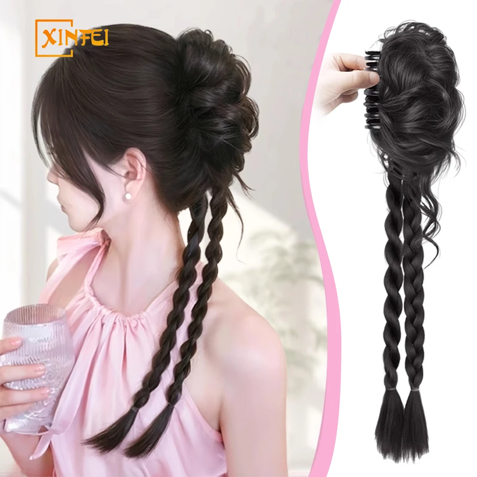 XINFEI Synthetic Wig Braid Female Pony Tail Braid Half Tied High Pony Tail Dopamine Fried Dough Twists Braid Boxing Braid Wig