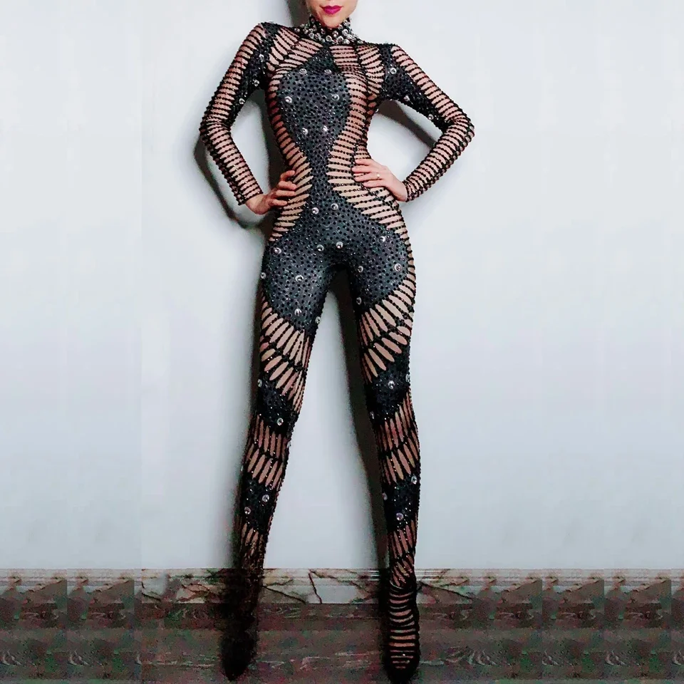 Bling kryształy Rhinestoness elastan elastyczny kombinezon kobiety wieczór strój na imprezę klub nocny Bar piosenkarka body Sexy kostium taneczny — zdjęcie 2