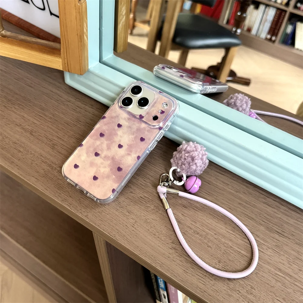 

Fashion glitter Small Love Phone Case For iPhone 17 Pro 15 14 13 Pro Max Protective Cover Cute Cases Funda 16Pro With Chain Case