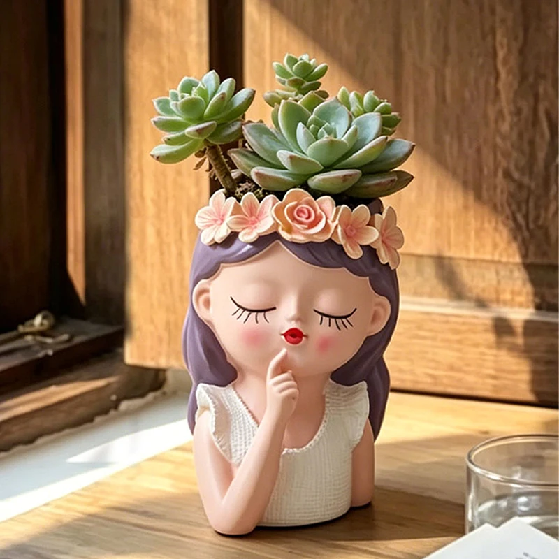 Pot de fleurs en résine en forme de tête de femme aux yeux fermés, avec une jolie fille couronnée de fleurs, pour plantes succulentes, idéal pour la décoration de la maison, du bureau, de la chambre, du balcon ou de la table.
