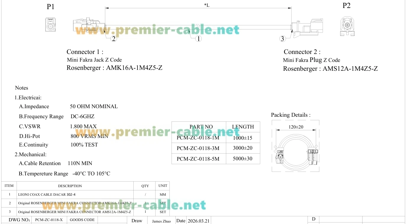 Rosenberger Mini FAKRA HFM Z-Code Stecker auf Buchse RF-Koaxialkabel AMS12A-1M4Z5-Z zu AMK16A-1M4Z5-Z Automotive GPS-Antennenkabel – Detail 1