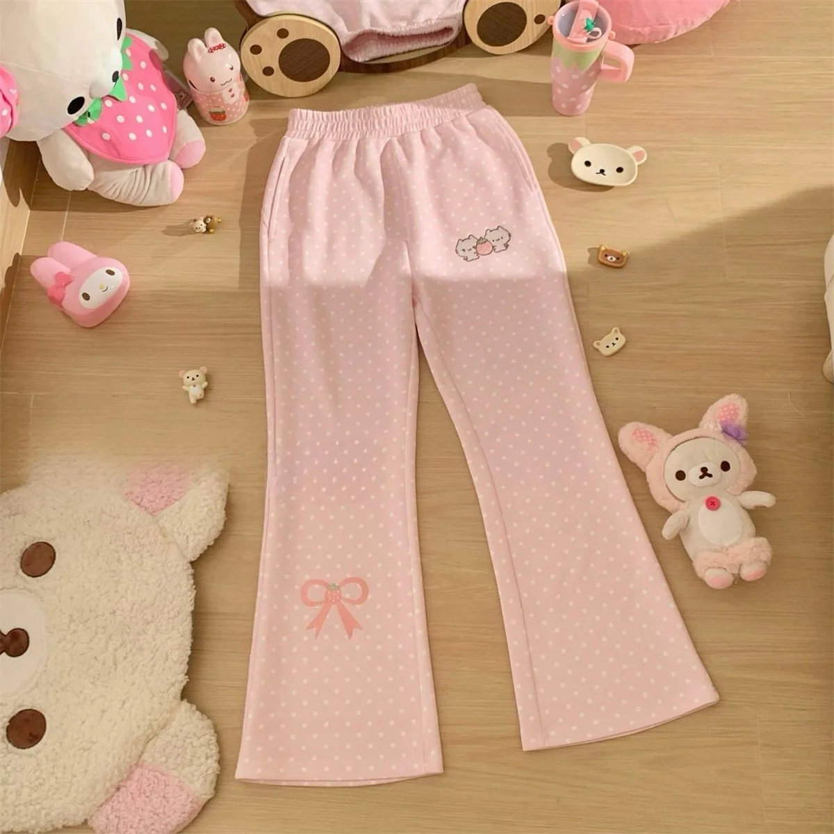 Herbst-Design Schlanke Elastische Taille Schlaghose Kawaii Süße Polka-Dot Dünne Bestickte Hose Damen Liebliche Hübsche Freizeithose – Detail 6