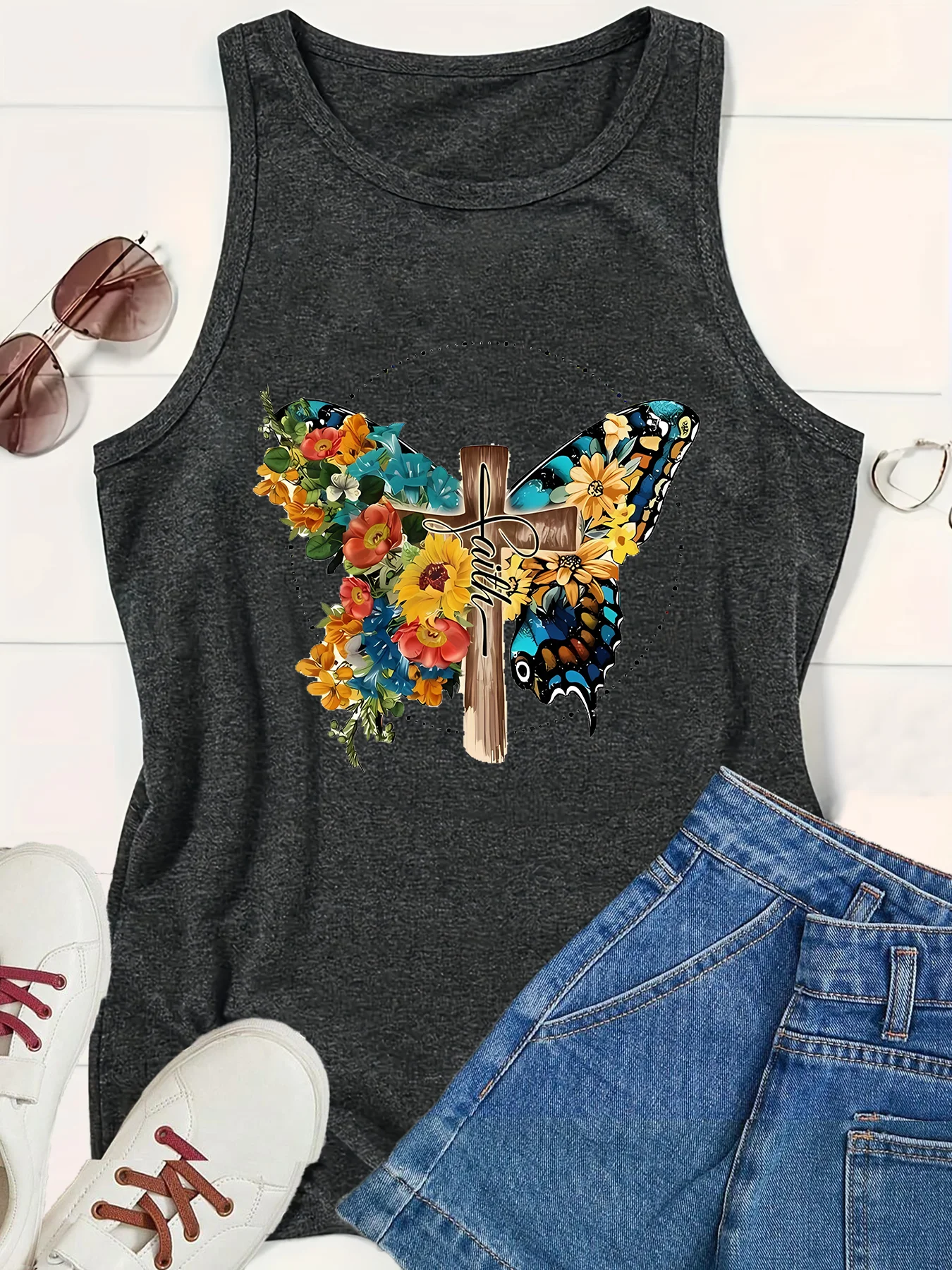 Peace Love Fancy  Jesus Butterfly Flower Letter Print Women's Tank Top Loose O Neck Sleeveless Casual Tank Top Women's Clothing