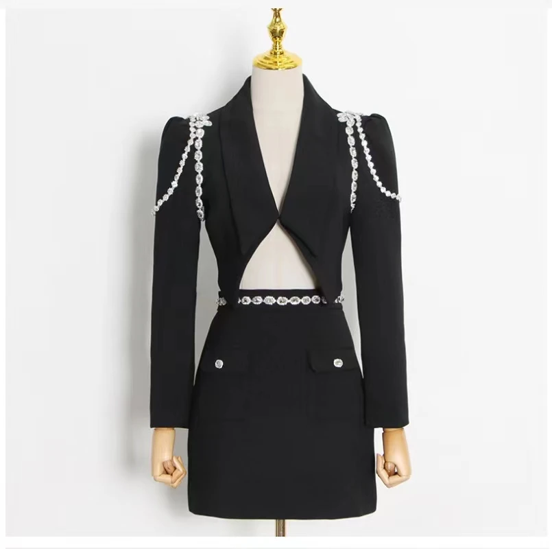 High Quality Blazer 2022 For Women Suit Skirt Set Elegant Diamonds Party Club Summer New Fashion