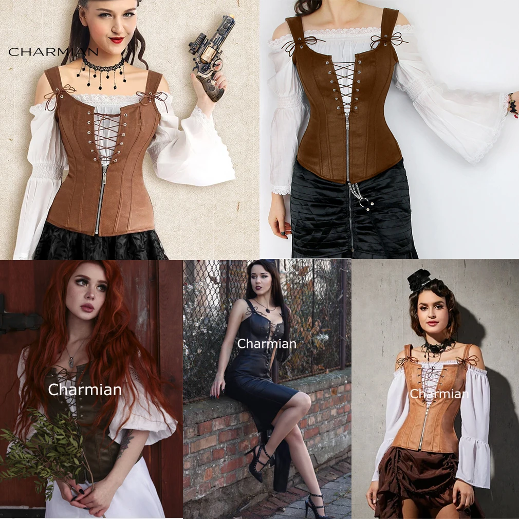 Charmian Women Renaissance Corset Sexy Vintage Plus Size Leather Zipper Brown Corset Bustier Top With Garters Steampunk Clothing