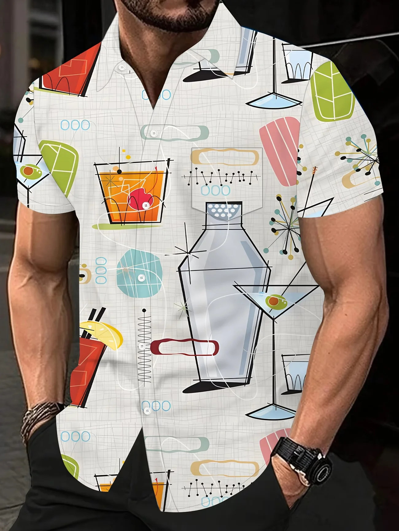 Men's Retro Cocktail Print Hawaiian Shirt Mid Century Modern Martini Glass Short Sleeve Button Down Casual Summer Beach Aloha Sh