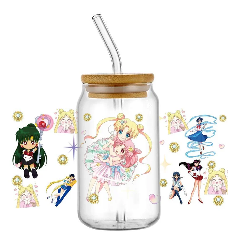 Miniso New SAILOR MOON serie giapponese decalcomanie fai da te trasferimenti 3D adesivi in cristallo uvdtf 16oz uv dtf cup wraps per occhiali Libbey