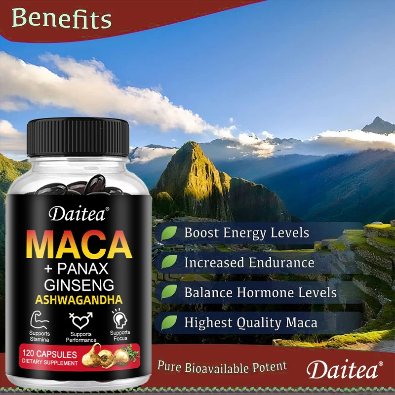 Maca Root Cápsulas com Extrato de Ginseng Vermelho, Suporta Energia, Resistência e Desempenho, Maca Negra