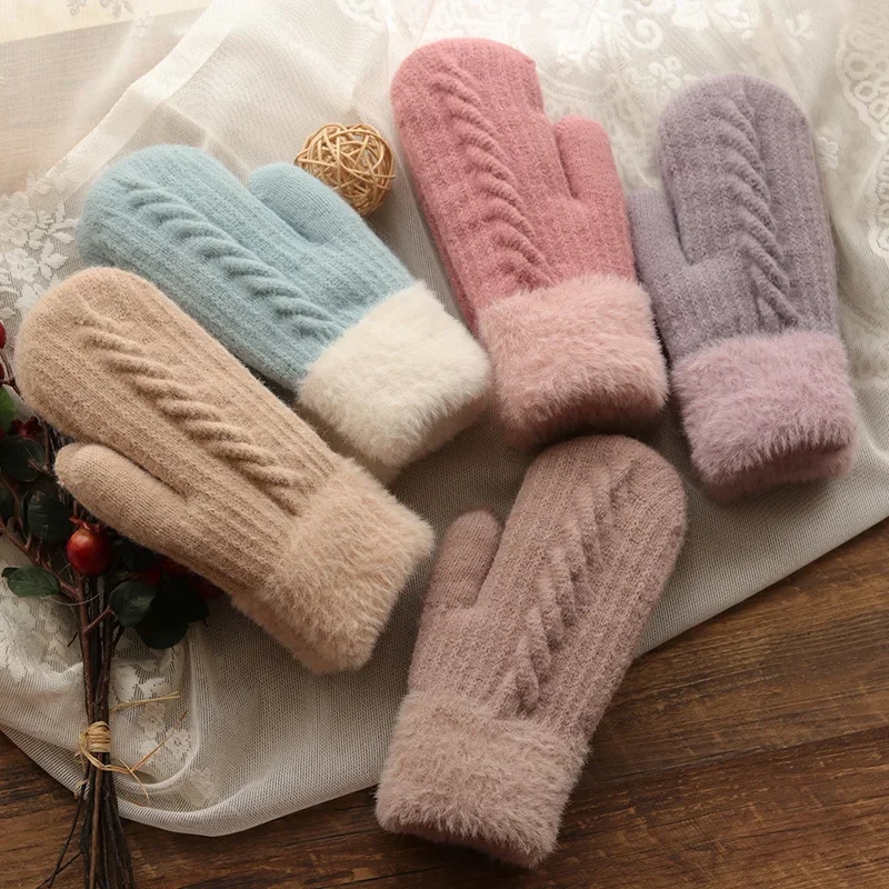 AliExpress DANJIU Winter Women Keep Warm Plus Velvet Inside Wrist Thicken Twist Knit Mittens Full Finger Cycling Woolen Gloves Soft Cute Lovely
