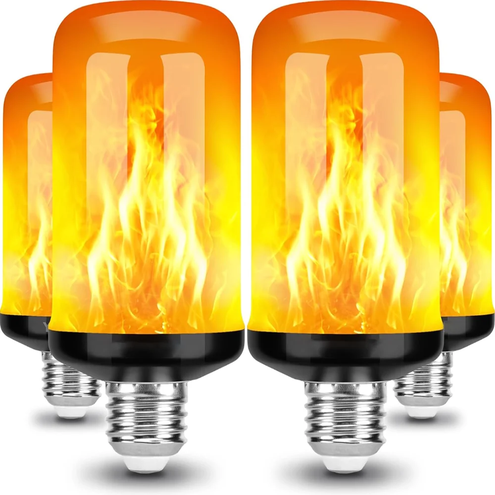 4-Pack LED Flame Effect Light Bulbs, Simulated Flickering Fire Lamp with Black Base (E26/E27), Dynamic Flame Bulbs for Halloween, Christmas, Parties, and Home Bar Decor