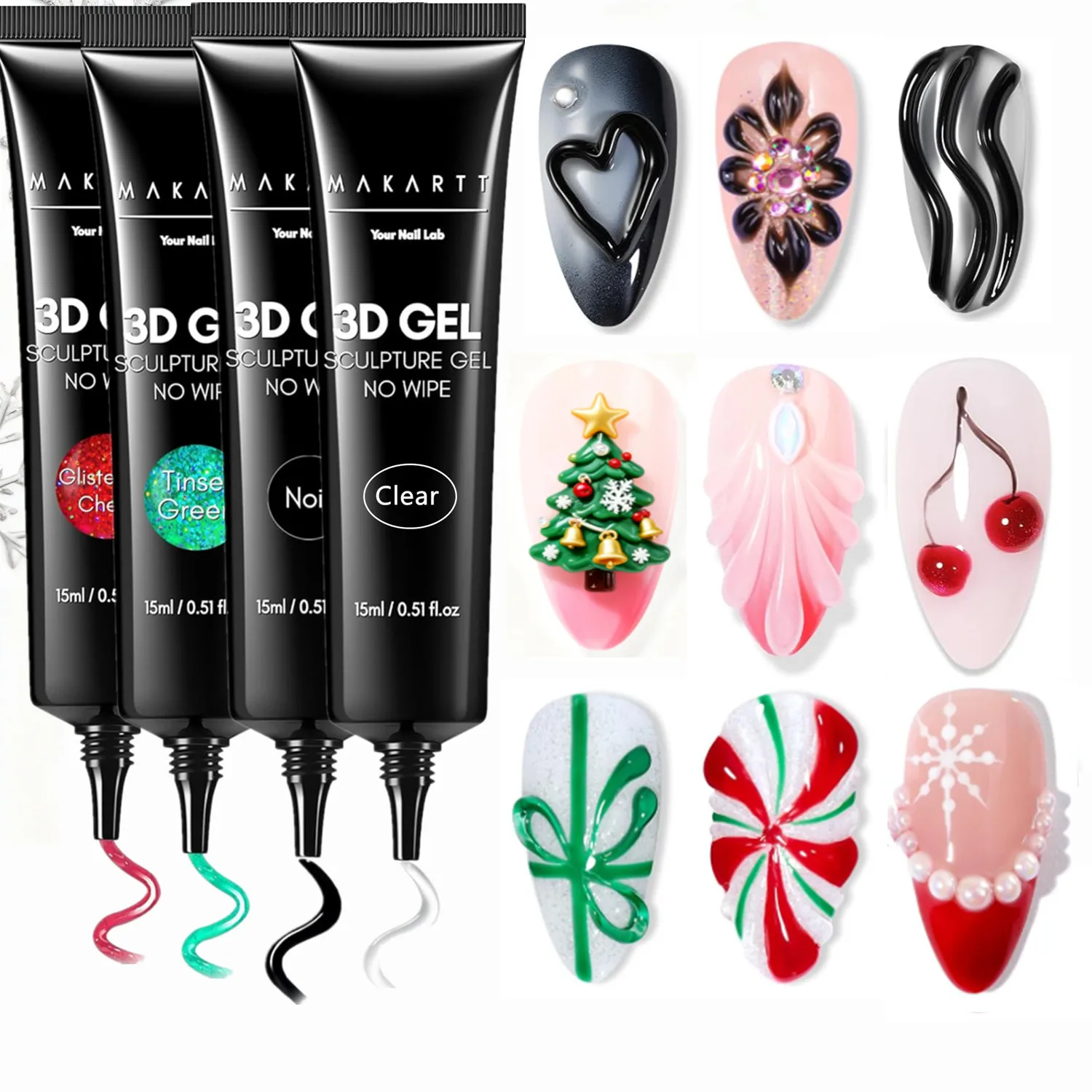 

Makartt 3D Nail Sculpting Gel Nail Art Glue , No Wipe Clear Nail Polish for Chrome Powder, Nail Charms Gems, Drawing Christmas