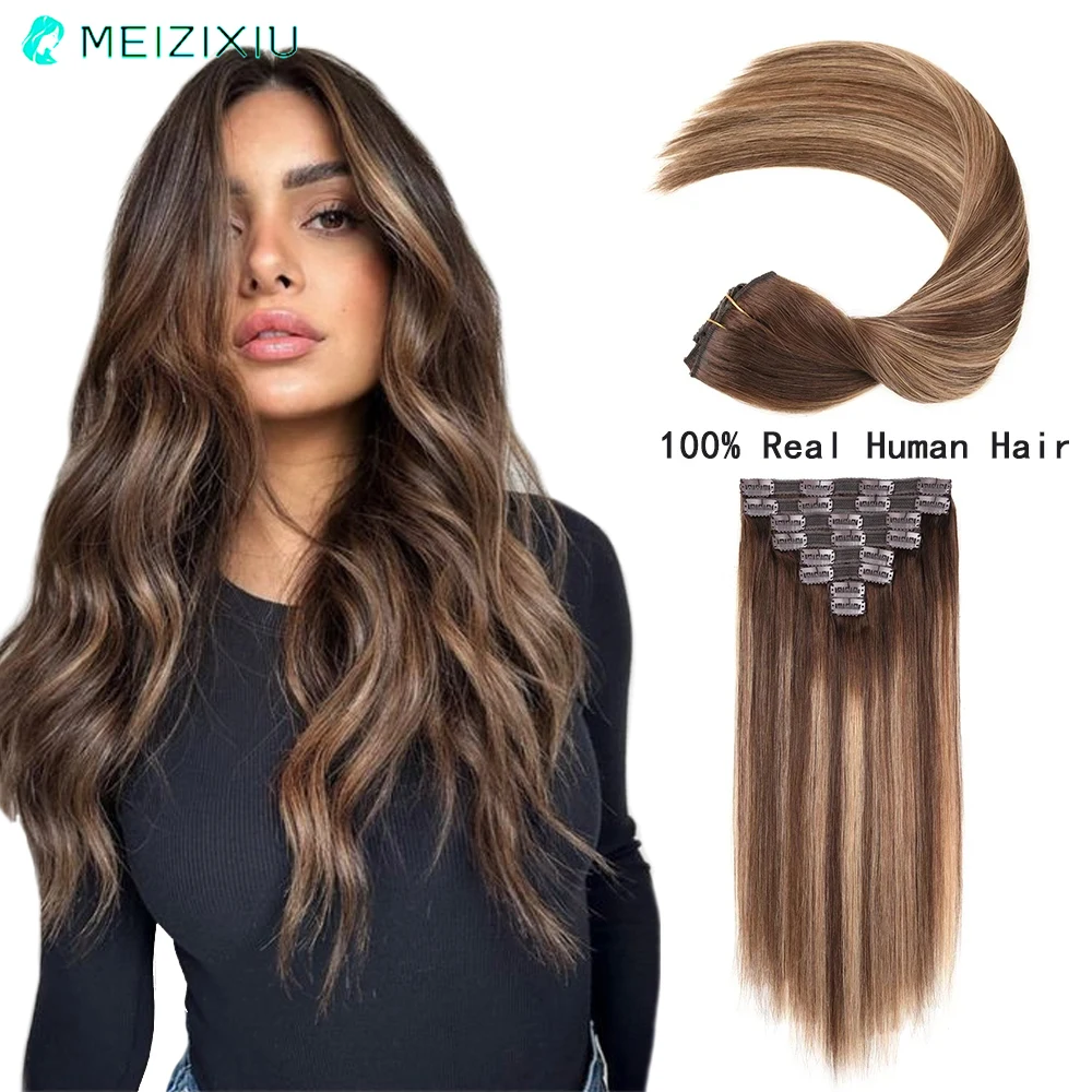 Extensões de cabelo com grampo reto para mulheres, laço de trama dupla, cabeça cheia, extensão de cabelo humano brasileiro, cabelo destacado, 7PCs