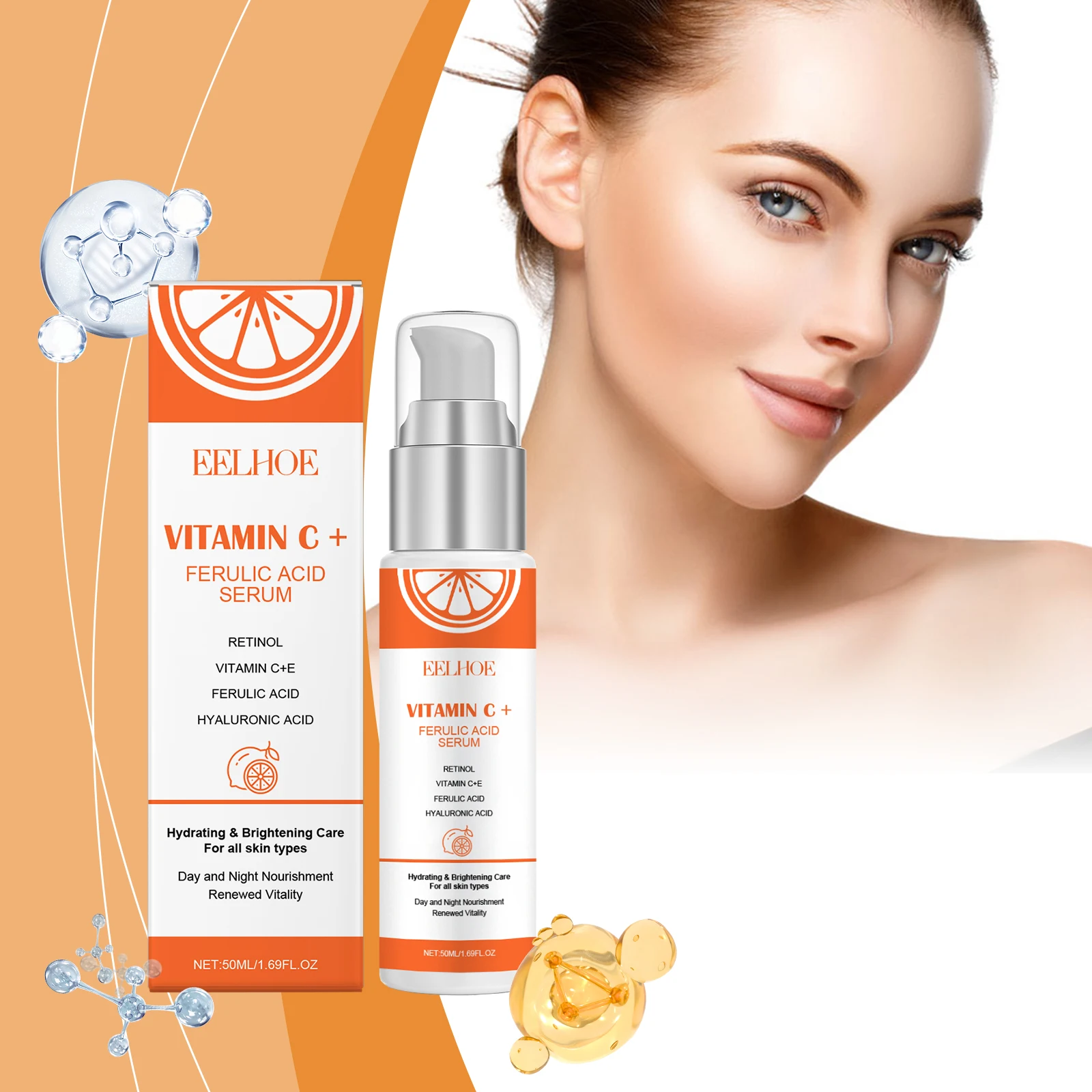 EELHOE Vitamin C E Ferulic Acid Serum Moisturizing Face Shrink Pores Beautiful Skin Brightening Retinol Serum for the Face 50ml