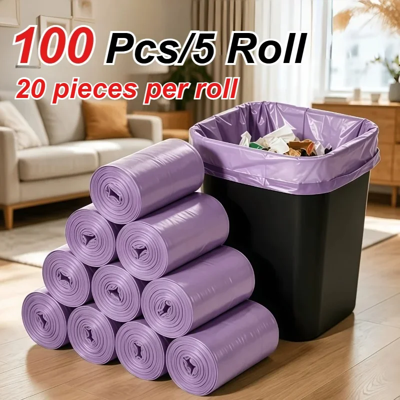 100 PCS/5 Rolls Purple Flat Mouth Large Garbage Bags, Good Toughness Suitable for Household, Kitchen, Office, Outdoor Cleaning