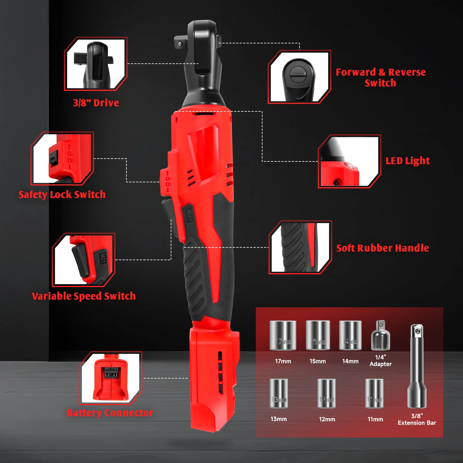 Brushless Electric Ratchet Wrench Set 3/8" 300RPM Variable Speed Wrench Impact Driver Power Tool for Milwaukee 18V Battery