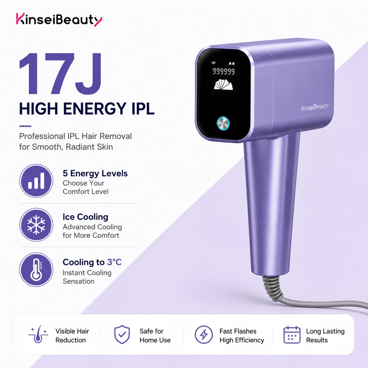 KinseibeautyT16 17J IPL Hair Removal Device, 5 Energy Levels, Cooling, Fast Flash, Skin Rejuvenation, Acne Care, Home Use