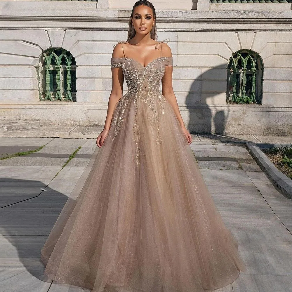 Duricve Shiny Crystal Long Tulle Prom Dresses 2023 Sexy Off Shoulder Lace Appliques A Line Saudi Arabic Party Evening Dresses