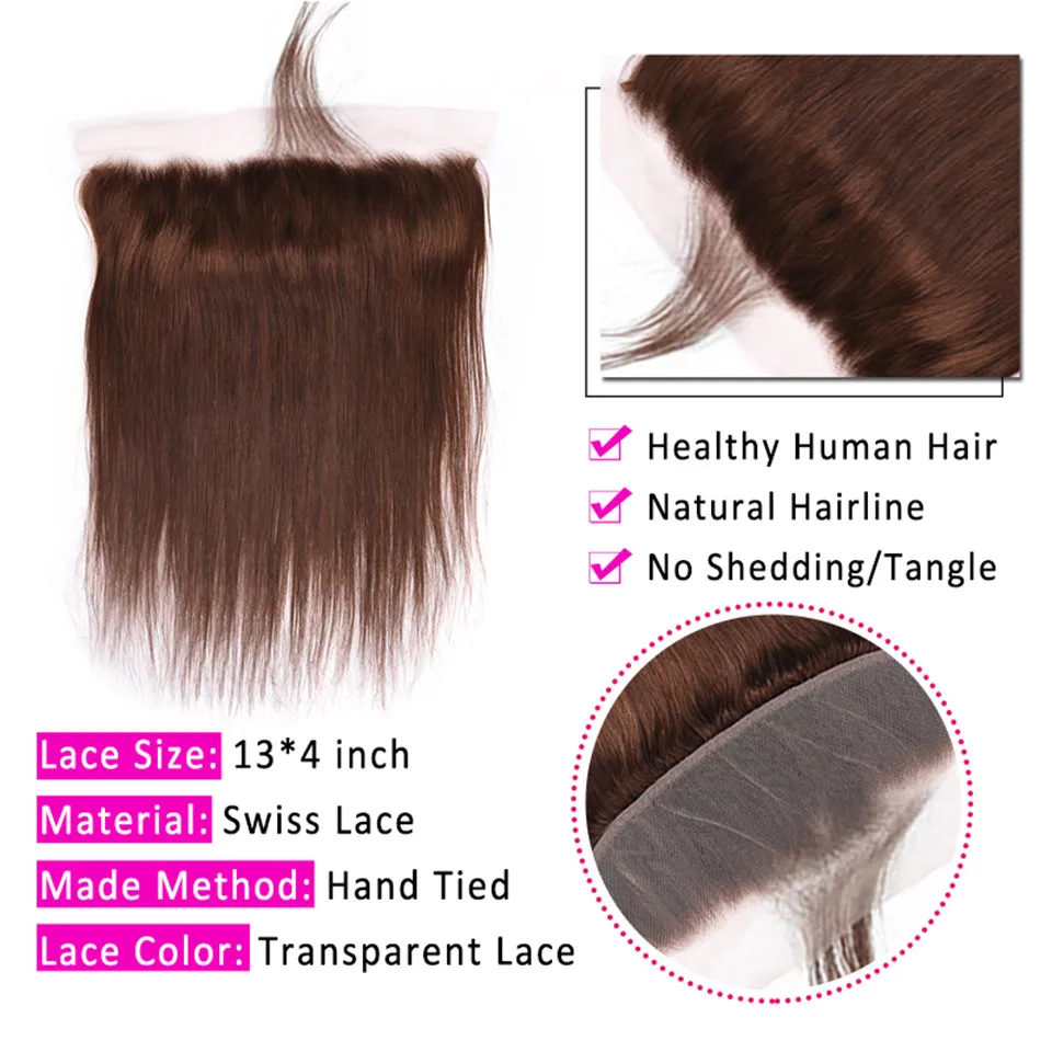 Bundel lurus dengan Frontal 100% rambut manusia Virgin 3 bundel dengan 13x4 coklat Frontal renda 4 warna Lurus 3 bundel