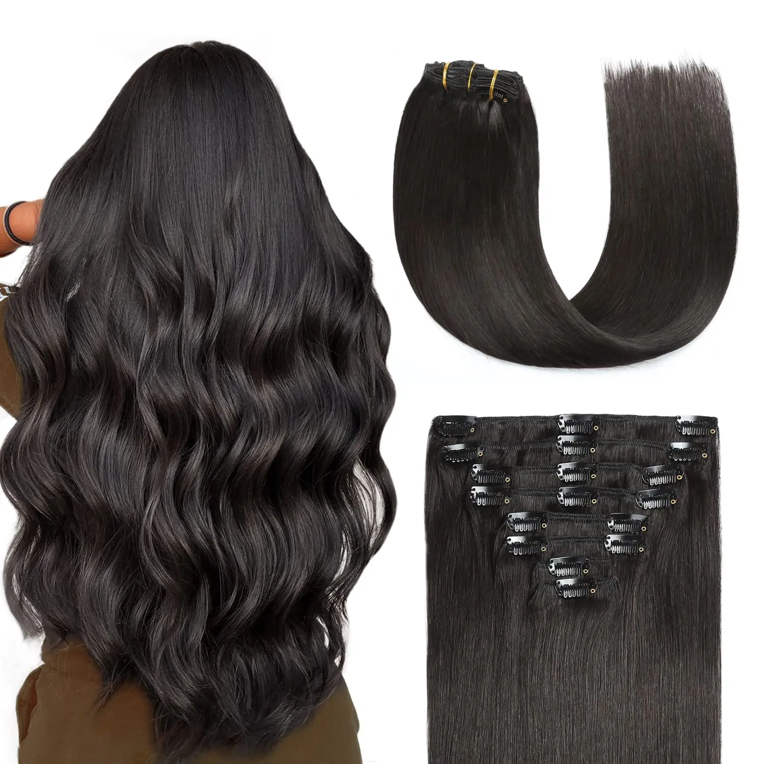 

Straight Clip in Hair Extensions Human Hair Natural Black #1B Women Full Head Brazilian Hair Seamless Clip in Hair Extensions