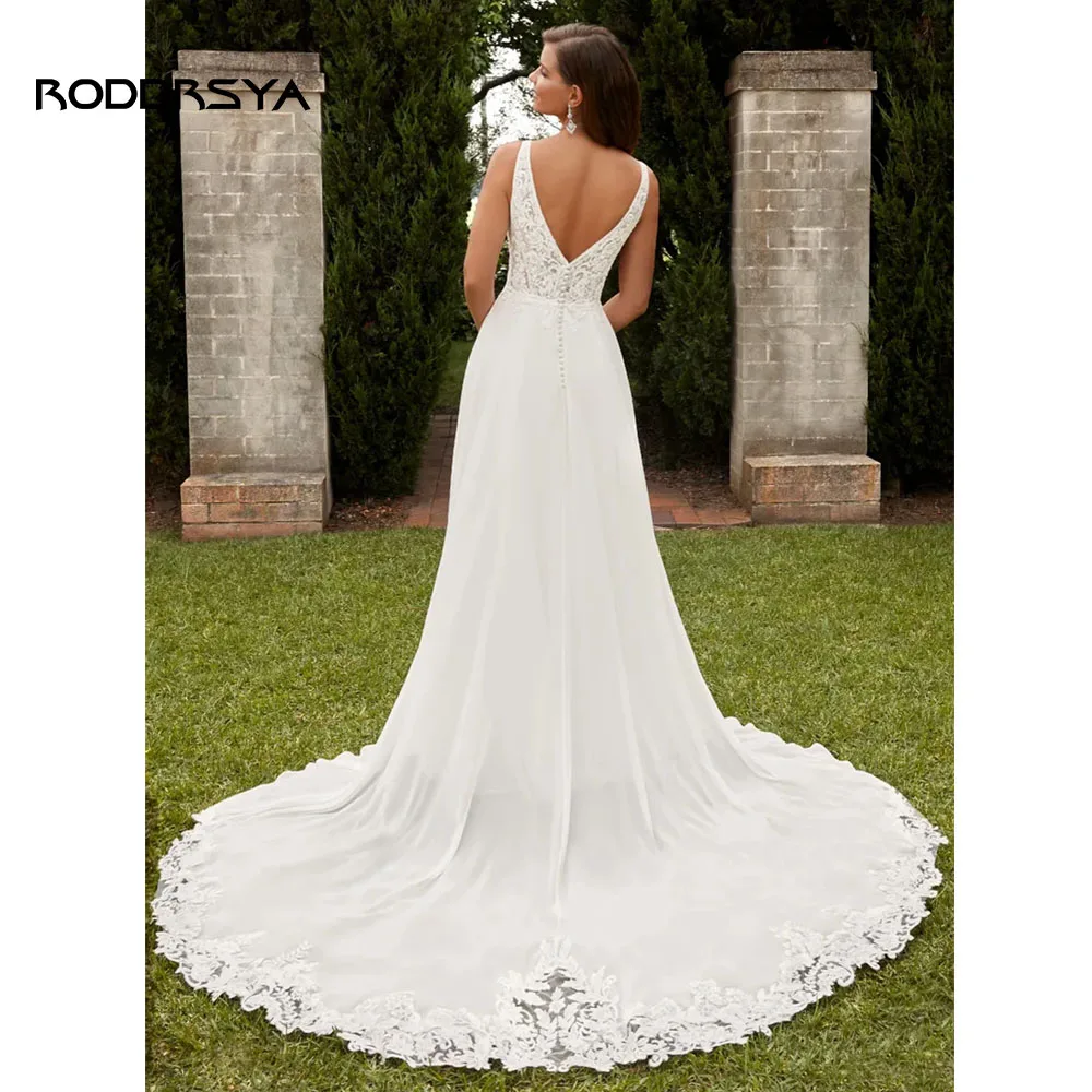 Roddrsya Boho Elegante Trouwjurk Voor Vrouwen 2023 V-hals Backless Applicaties Lace Button Bruidsjurk Vestidos De Novia Chiffon