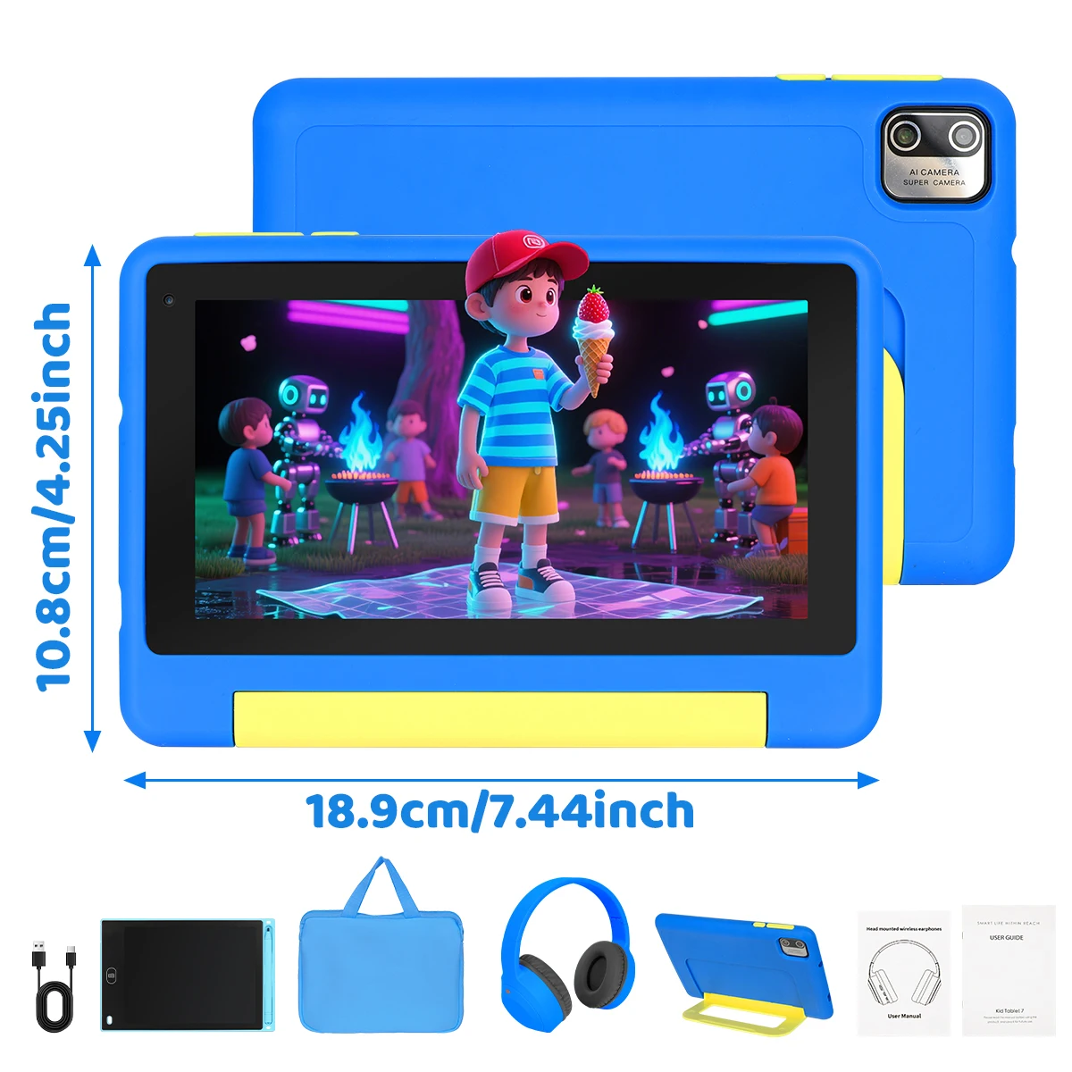2026 NEW Bundle Kit 7 Inch Android 13 Kids Tablet QuadCore 8GB(2GB+6GB Expand RAM) 64GB EMMC With Headphone Storage Bag US Local Warehouse