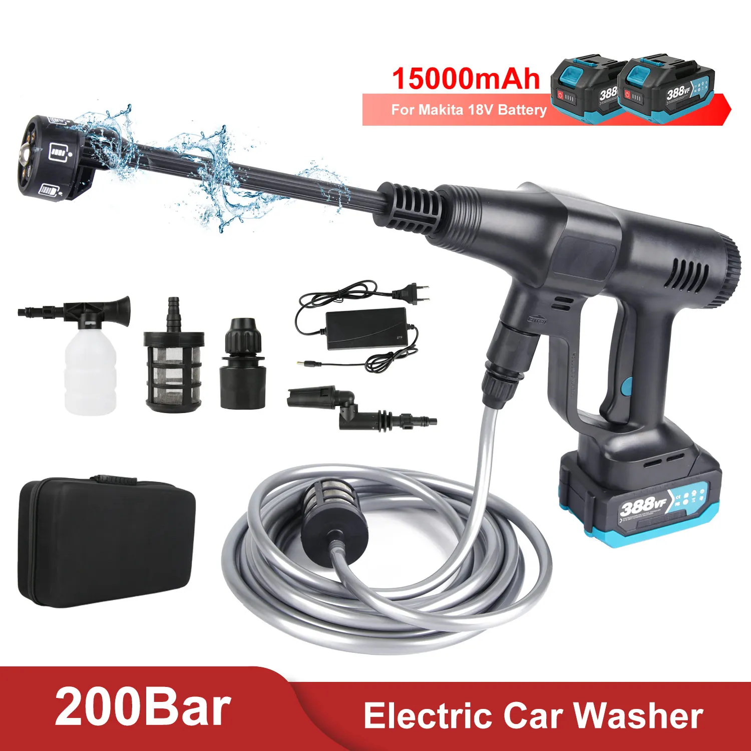 200Bar Cordless High Pressure Car Wash Water Gun 6 in 1 Cleaning Garden Washing Wash Spray Gun for Makita 18V Battery