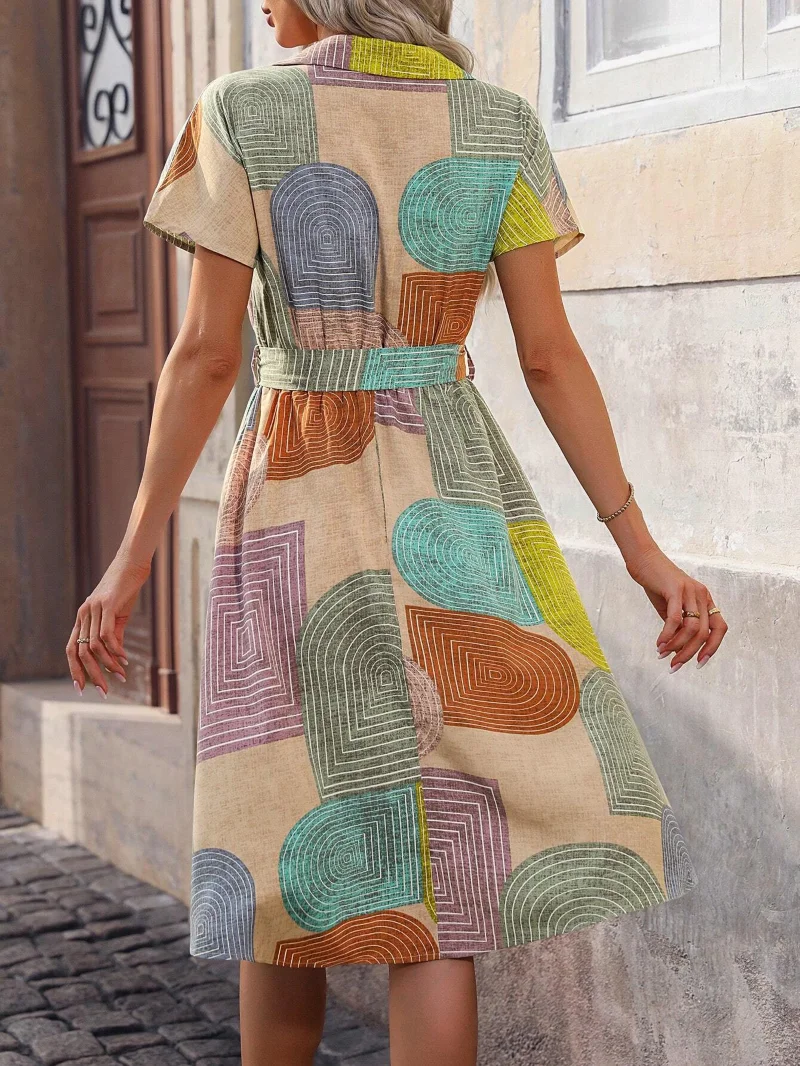 Vestido camisa casual de manga curta com estampa geométrica de verão feminino, adequado para uso diário