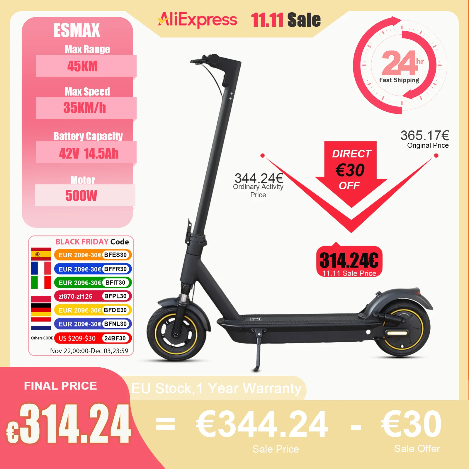 AOVOPRO 1000W Electric Scooter 45KM Long Range 35KM/H 42V 14.5AH Powerful Motor 10Inch Puncture Proof Tyres Foldable EScooter