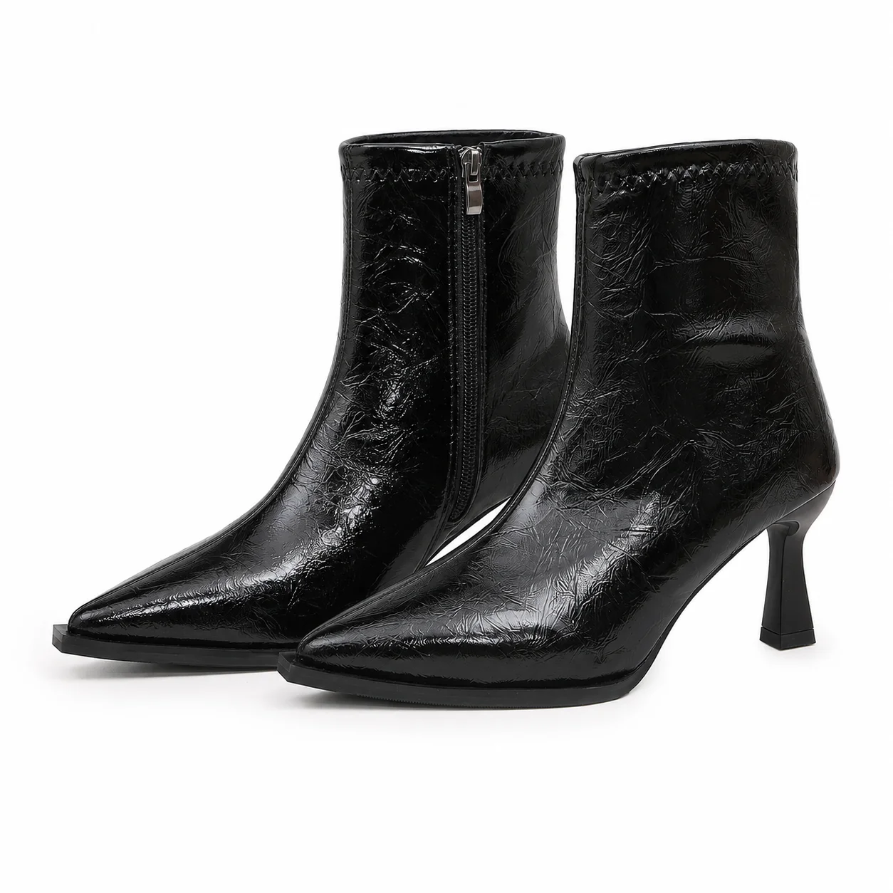 2.76 Inch Retro Pointed-Toe High-Heel Ankle Boots for Women Slim-Heeled, Versatile, Faux Leather Boots, Women Shoes