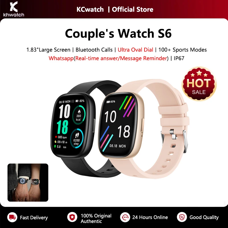 KHwatch S6 ساعات الزوجين 1.83 "شاشة كبيرة ساعة ذكية بلوتوث دعوة الدورة الشهرية سجلات IP67 نساء ساعات رجالي