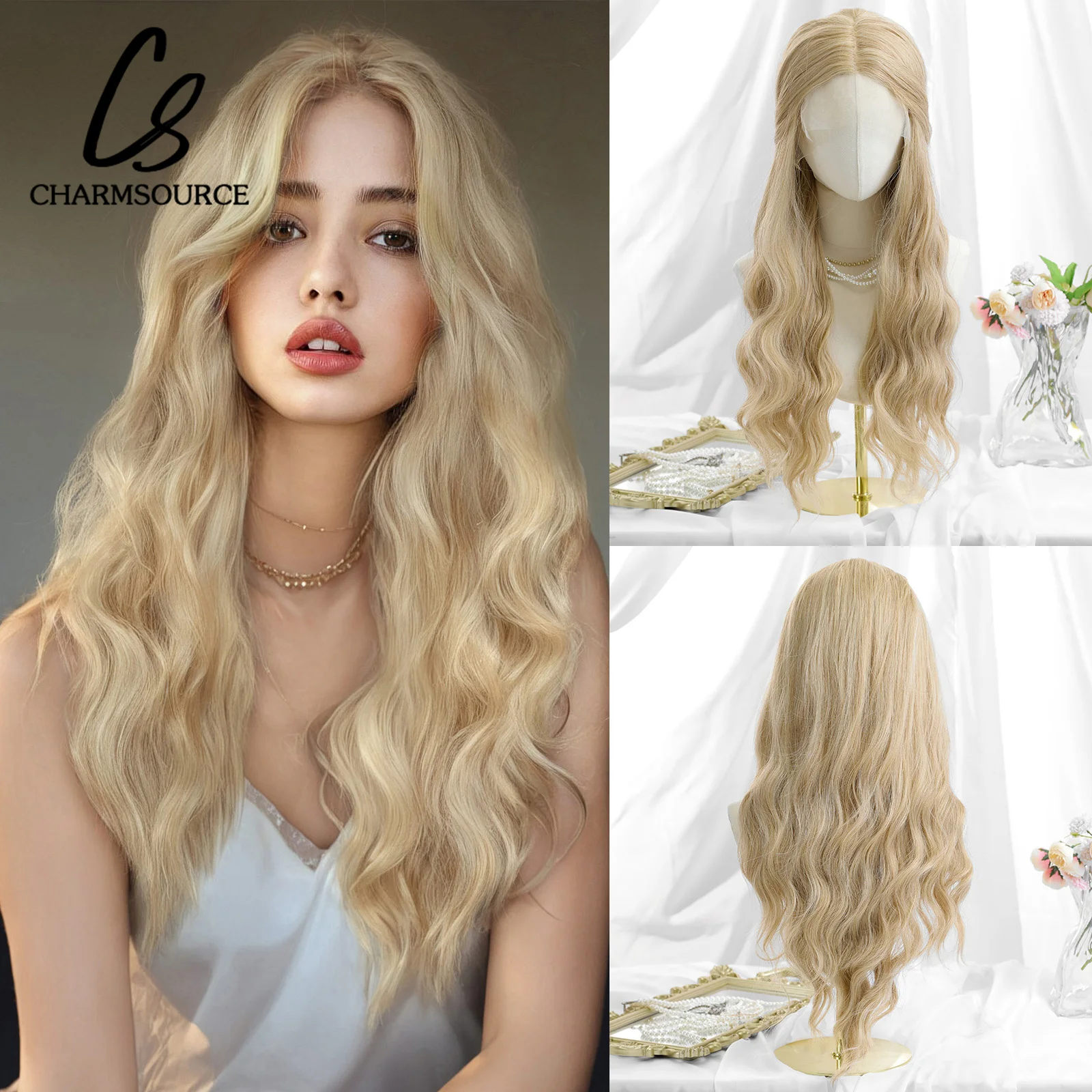 

CharmSource Synthetic Women's Front Lace Wig Long Wavy Wigs Blonde ColorDaily Party High Density Heat Resistant Hair