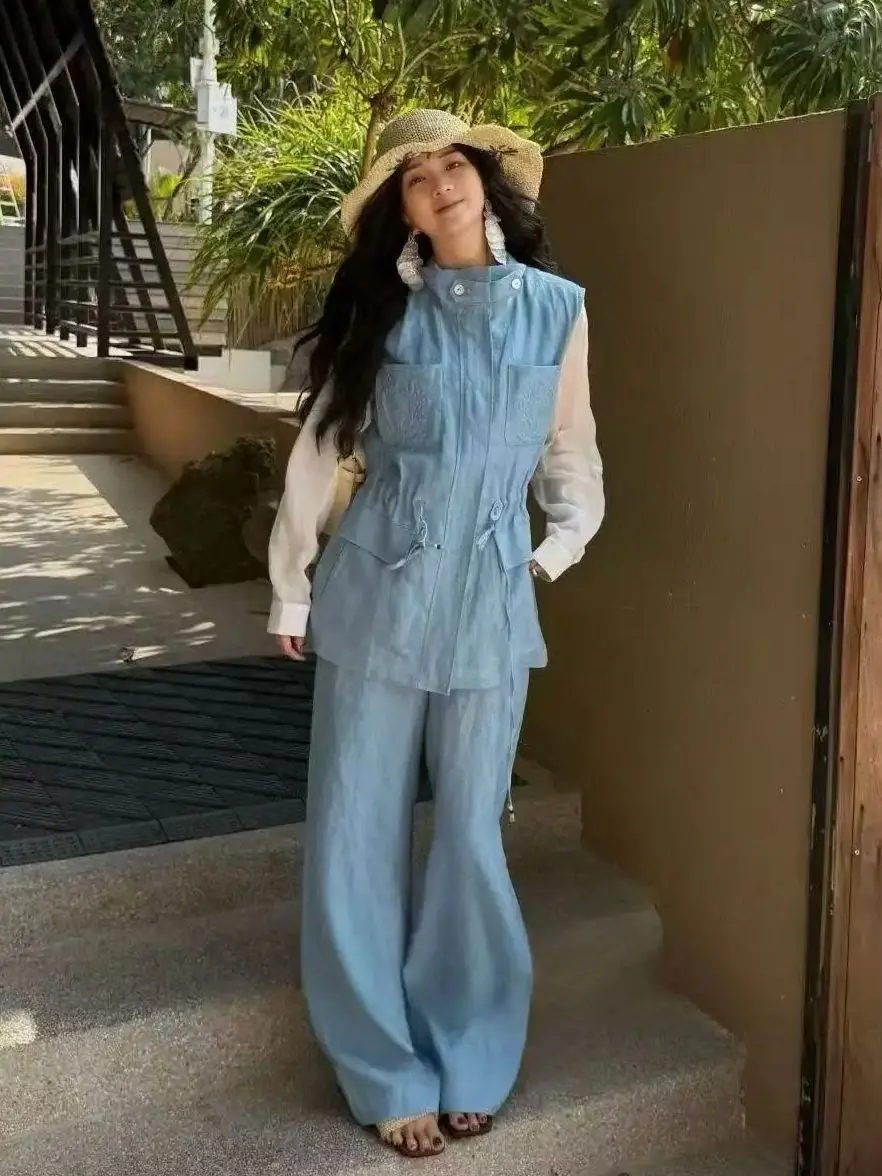 

Fashionable retro pure linen stand collar vest wide leg trouser suit
