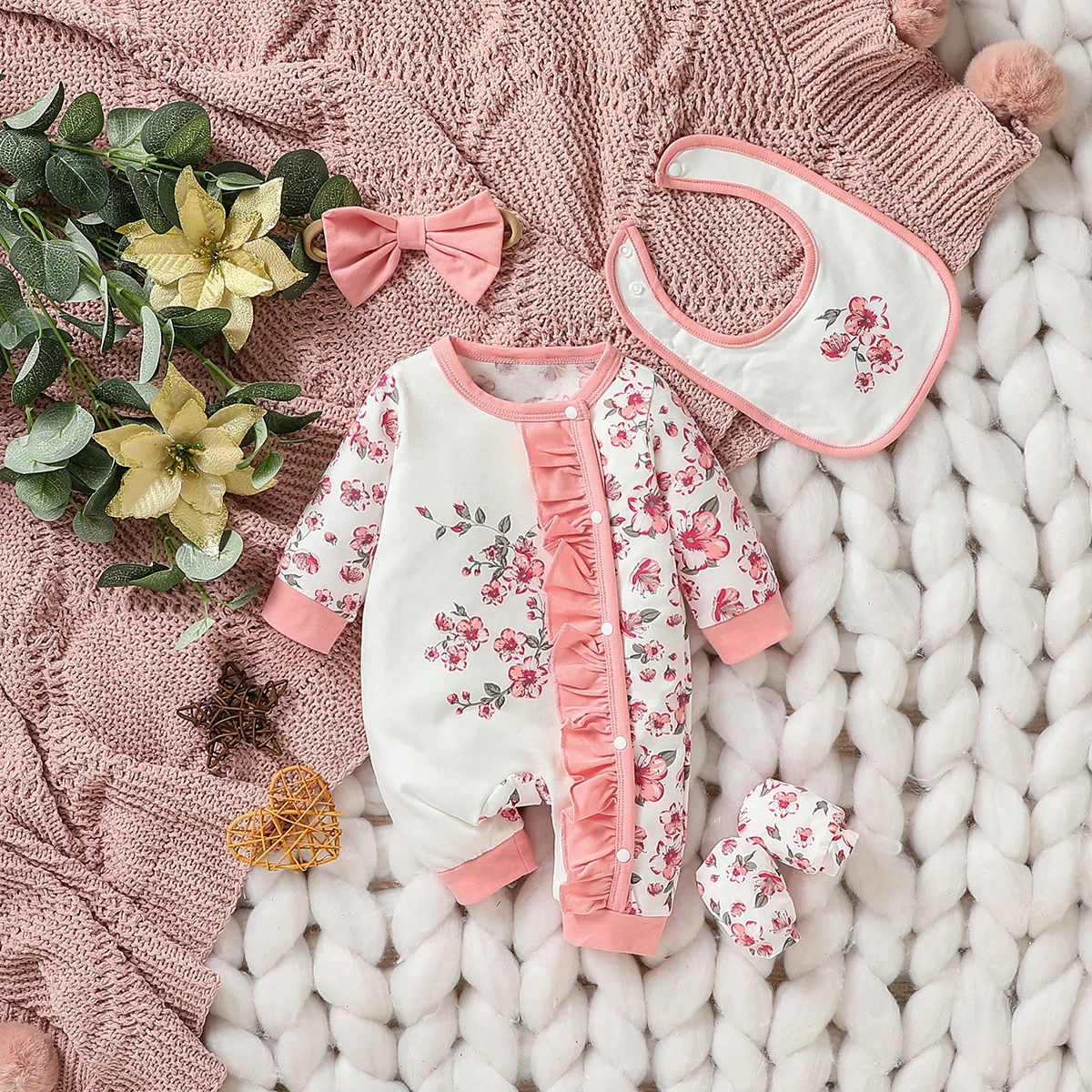 4Pcs Baby girls lovely print Flower autumn long-sleeve  Fashion Vacation Jumpsuit +Bib+Headband+Gloves