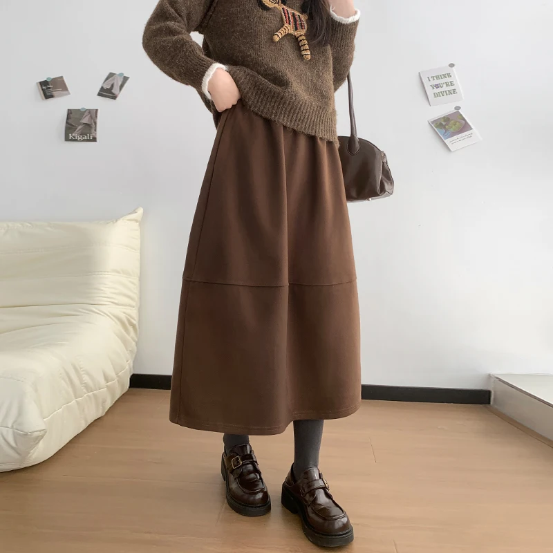 Women's Dark Gray Woolen A-Line Skirt, Mid-Length Pleated Flared Skirt, Winter Autumn High Waist Thick Warm Bubble Skirt