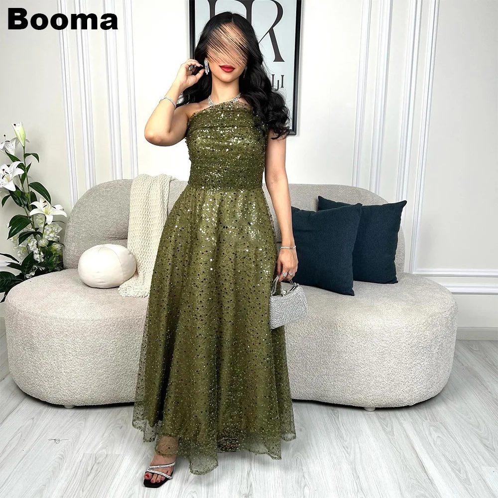 Booma A-Line Shiny Evening Dresses Sleeveless Strapless Sequined Wedding Party Gowns for Women Generous Prom Dress Customized