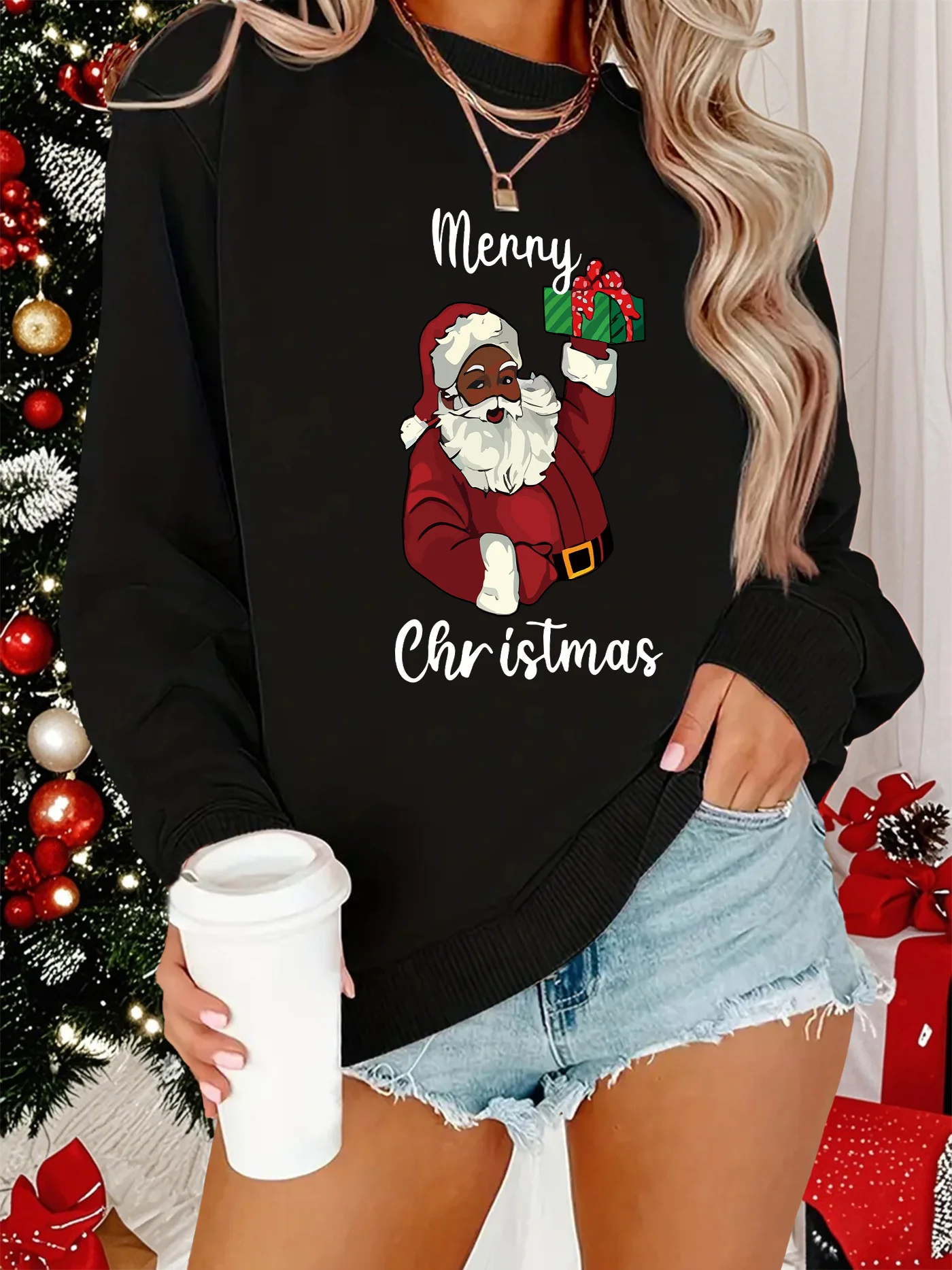 Weihnachten Weihnachtsmann Grafik Sweatshirt, Damen Plus Size Langarm Rundhalsausschnitt, Weihnachtskleidung, Unisex Streetwear Top