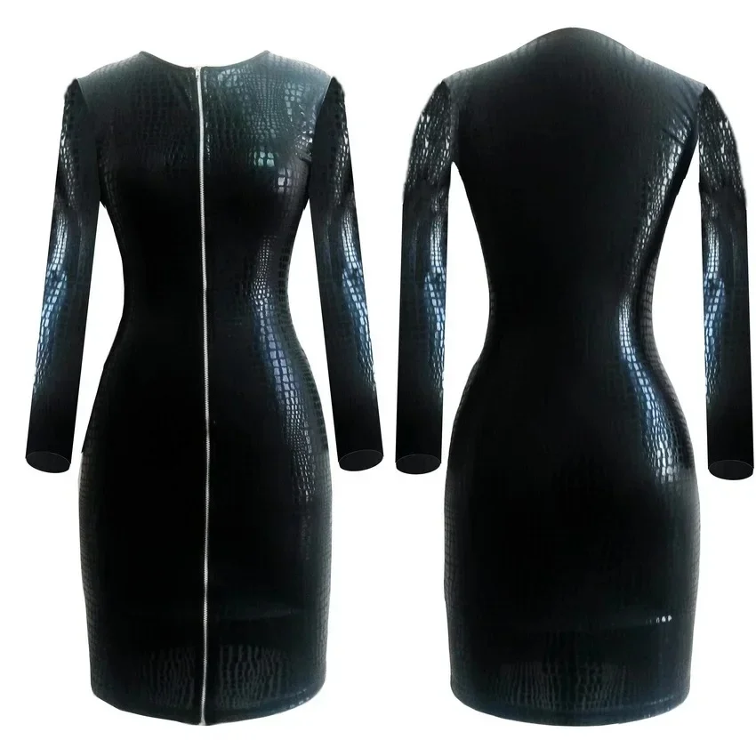 S-XXXL damska sukienka ze skóry Wetlook z długim rękawem na zamek błyskawiczny ze skóry wężowej ze sztucznej skóry obcisła sukienka klubowa impreza Vestidos Plus rozmiar czarny — zdjęcie 2