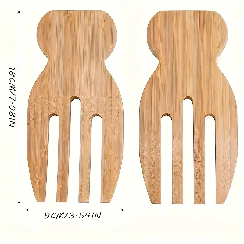 2pcs Bamboo Salad Mixer Fork, Creative Bamboo Salad Hands, Washable Wooden Salad Hands, Reusable Bamboo Salad Serving