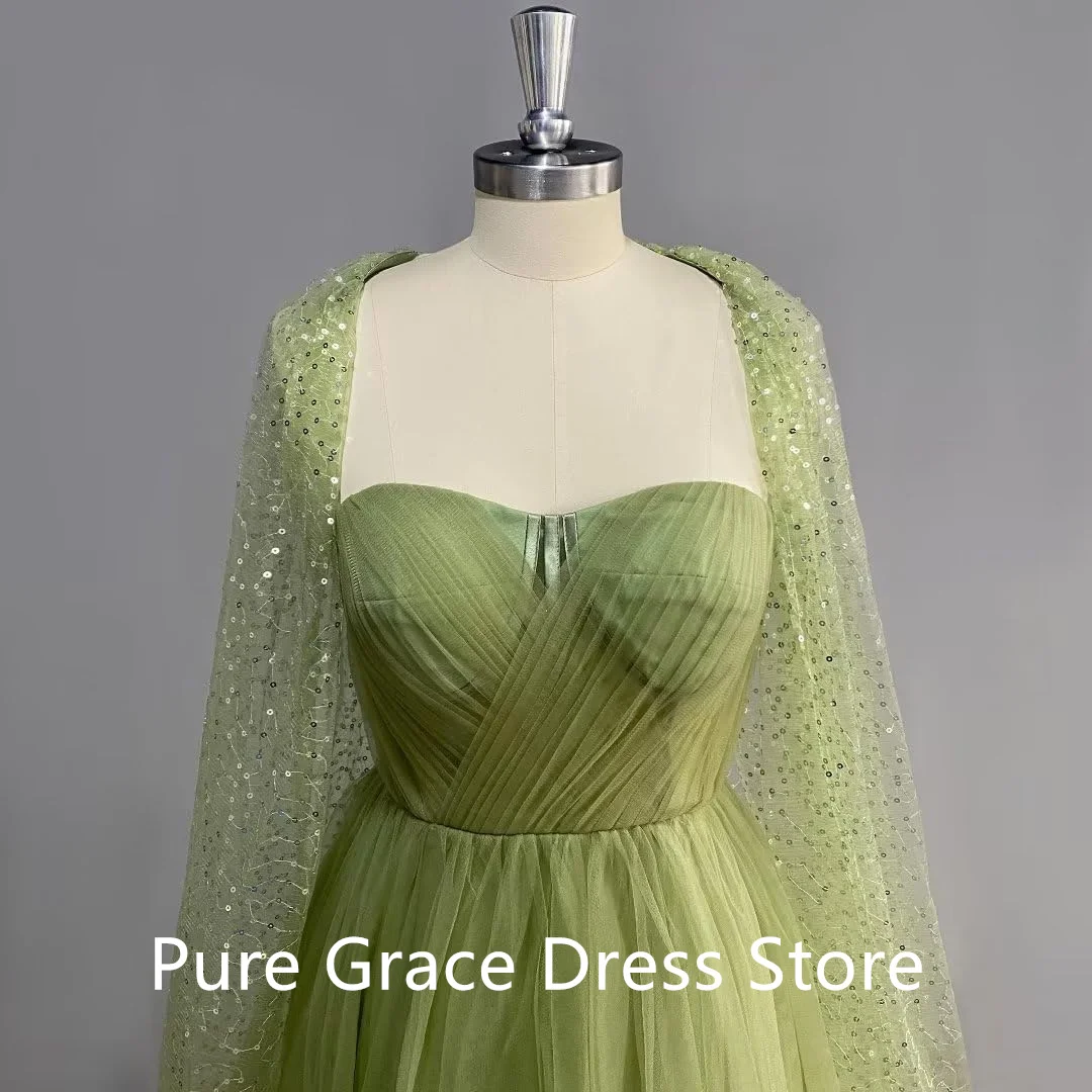 Sage Green A Line Prom Dresses Glitter Sequin Cape Sweetheart High side Slit Maxi Evening Gowns Formal Party Vestido De Graduaci