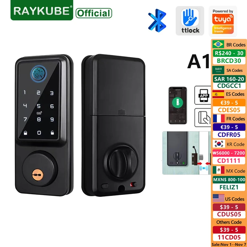 

RAYKUBE A1 TT Lock/ Tuya WiFi Auto Fingerprint Deadbolt Smart Door Lock Digital Lock With Door Sensor Password/IC Card/APP/Key