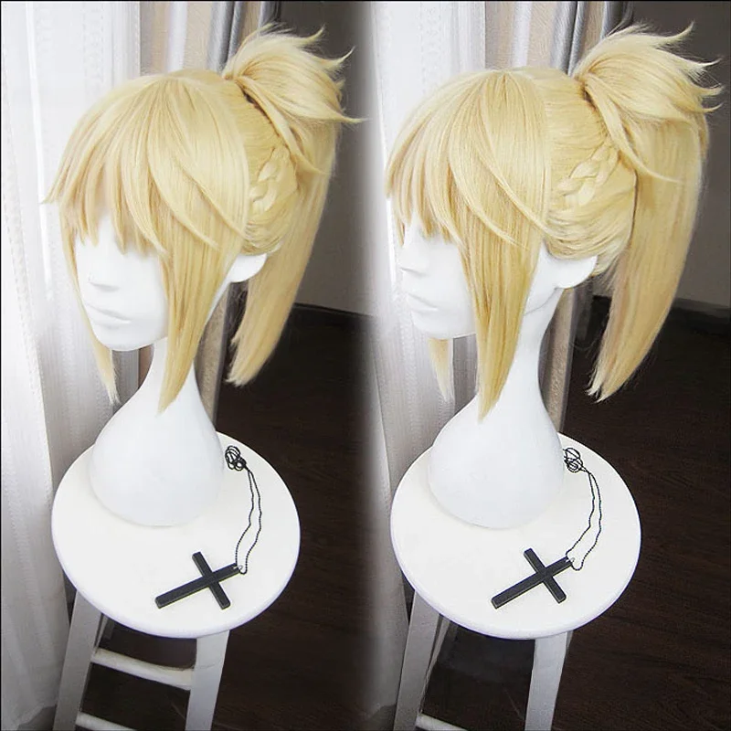 Gra Fate Apocrypha Mordred peruka do cosplay 40cm długie jasne złote żaroodporne syntetyczne peruki do włosów + czapka z peruką — zdjęcie 2