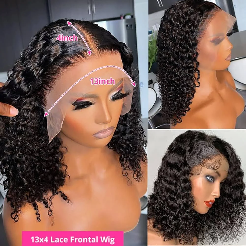 200 Density Curly Wig Deep Wave Lace Frontal Bob Wig Human Hair Wig 13x4 Transparent Lace Front Wig Pre Plucked For Women 12inch image 4