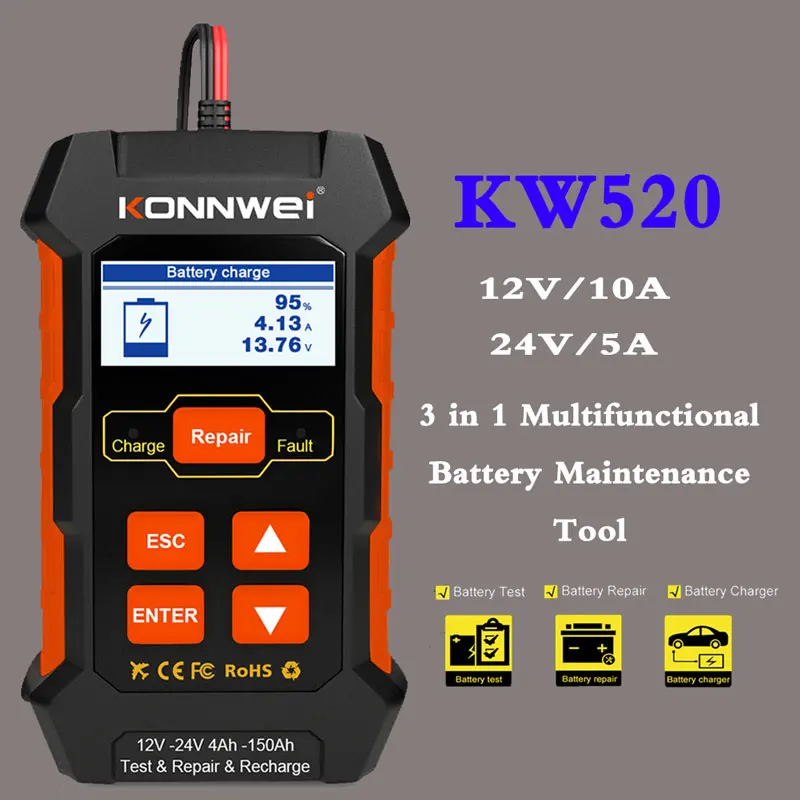 KONNWEI KW520 12V 10A 24V 5A Automatic Car Truck Battery Tester Charger Lead Acid 3 in 1 Scanner Car Battery Pulse Repair Tool