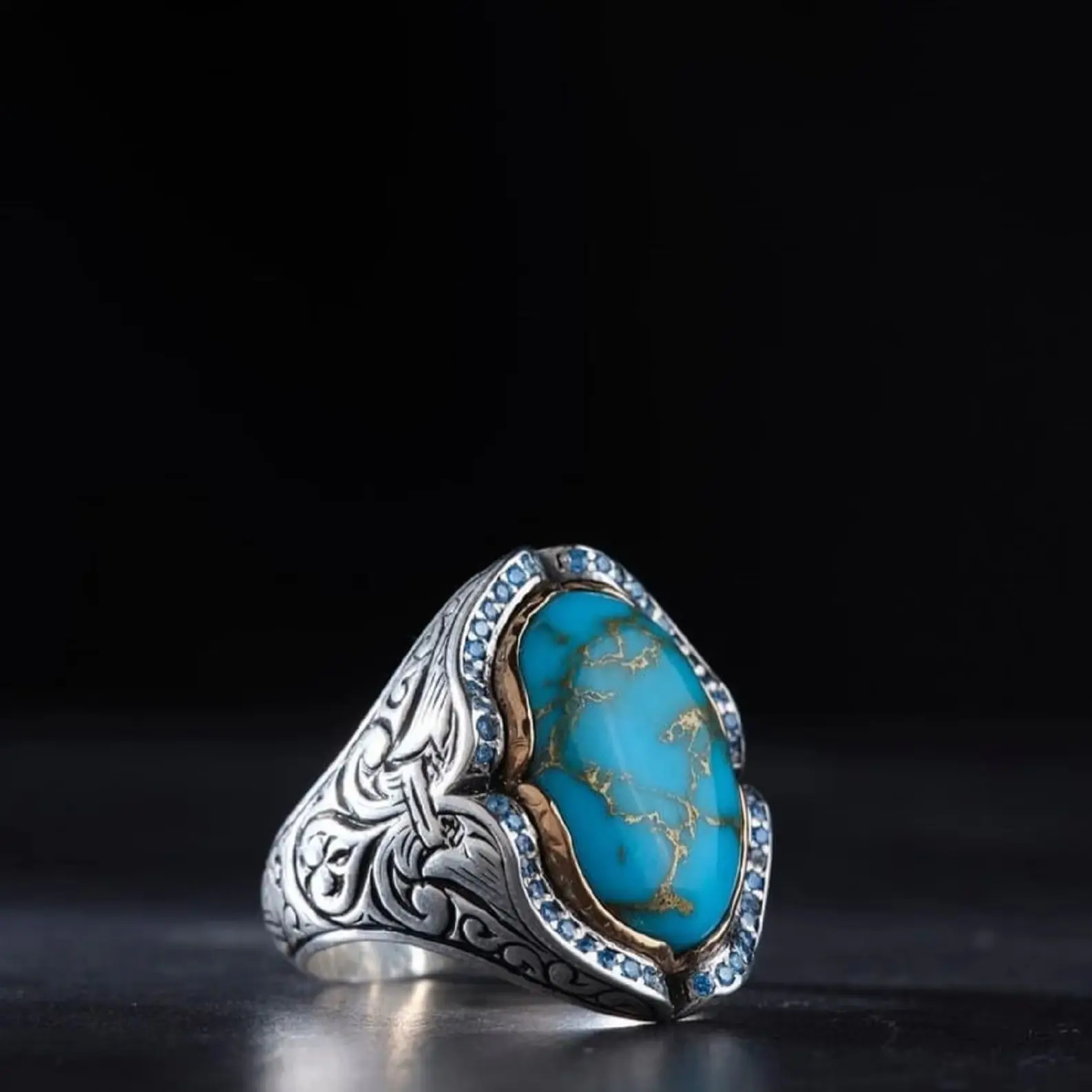 Handmade Turquoise Stone Silver Men's Ring, Black Zircon Stone Ring, Engraving Patterned Ring, Wedding Gift Couple Unique