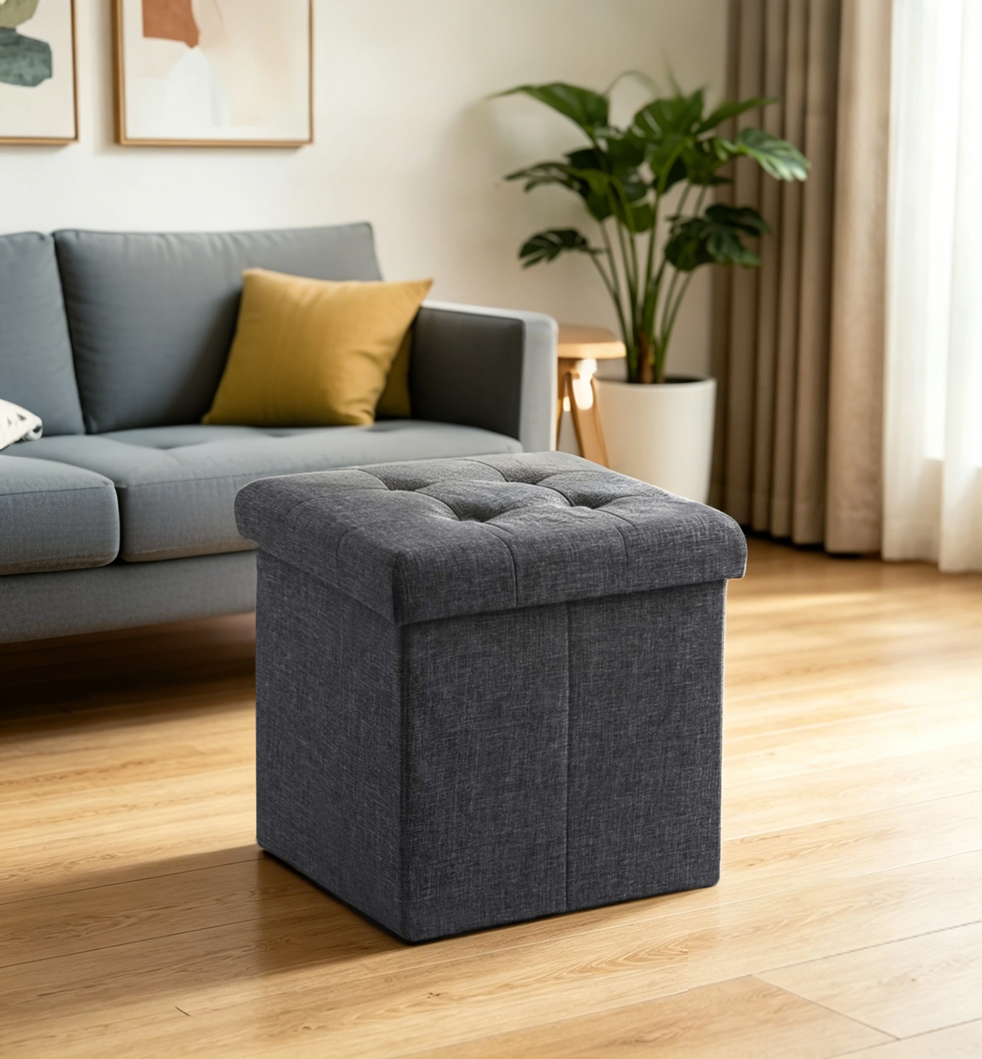 Taburete Plegable con Almacenamiento Oculto, Reposapiés Multifuncional de Lino, Caja Organizadora Resistente hasta 300 kg, 38x38