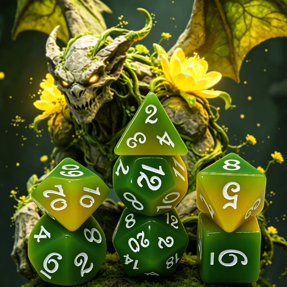 7Pcs Yellow Green Resin Polyhedral Dice SetTabletop Role Playing “RPG for Board Games Family Game Night Collectors Gamers