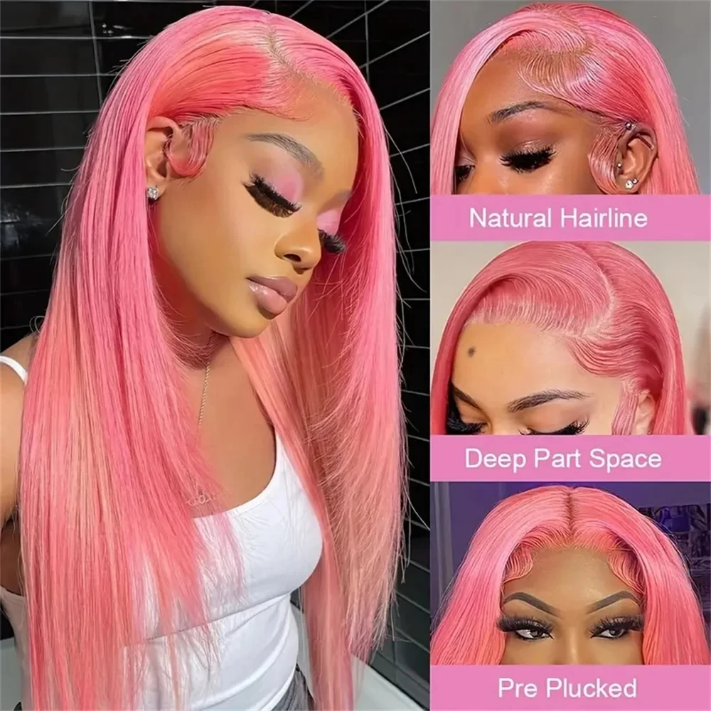 Perruque Lace Front Wig naturelle lisse, cheveux humains, couleur rose, 13x4 HD, 13x6, pour femmes