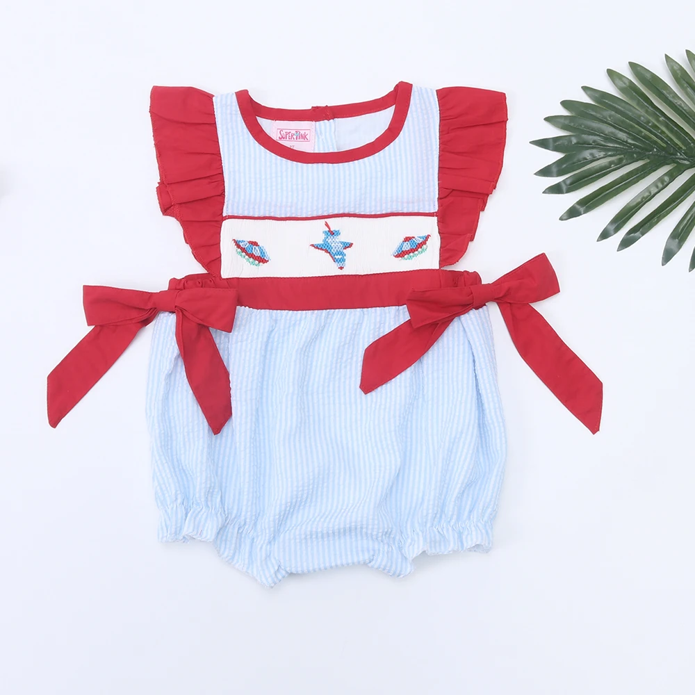 

Boutique Baby Boys Clothes Smock Newborn Bluey Romper Aircraft Embroidery Bodysuit Beautiful Toddler Stripe Jumpsuit For 0-3T