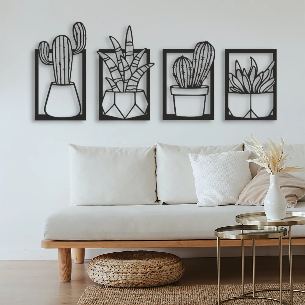 Wooden Cactus Flower Nordic Style Vase Wall Art Decoration Black Modern Nature Desert Home Office Decor Living Room Bedroom